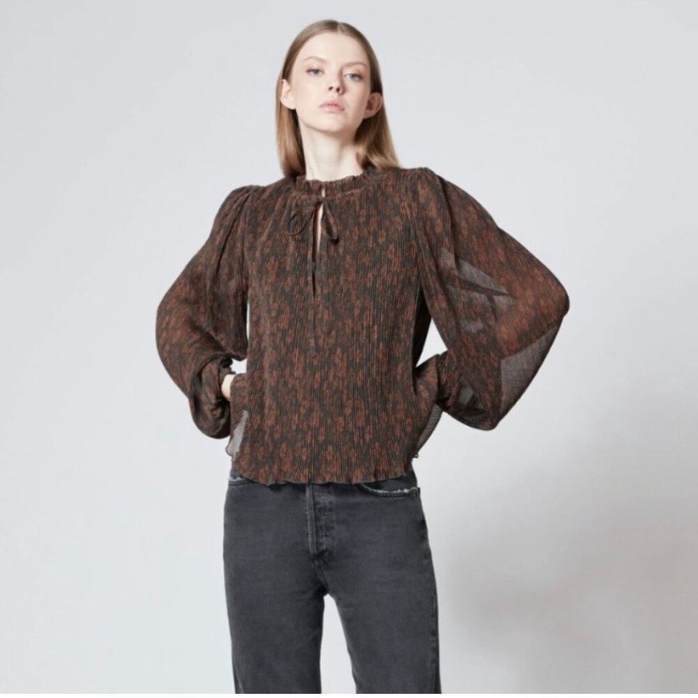 Ganni Brown Black Floral Pleated Popover Blouse Ruffle Sheer Women's 40 Medium